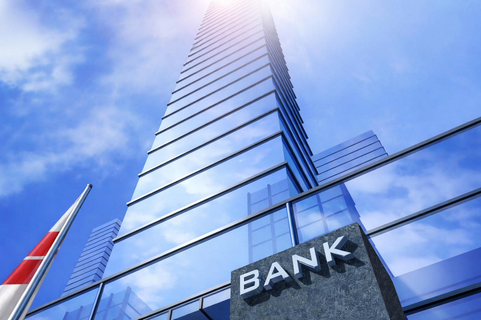 a ground level view of a large bank building