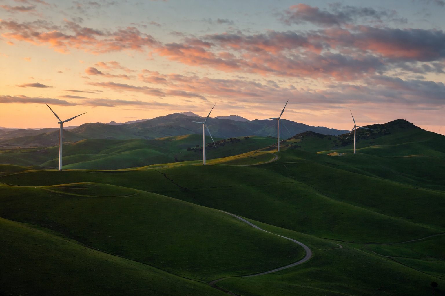 four windmills in a vast green field