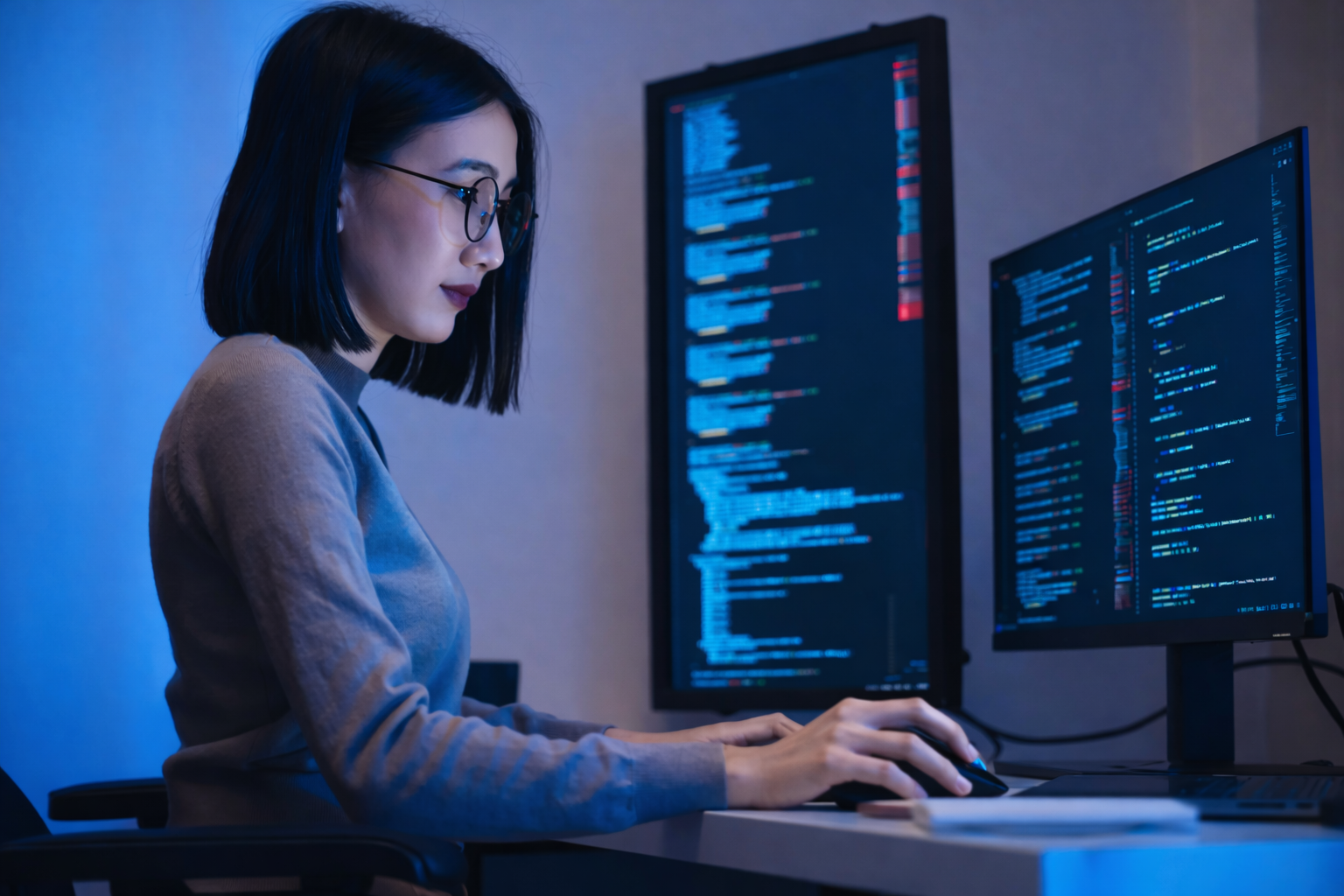 a young asian female in glasses typing in front of multiple computer monitors