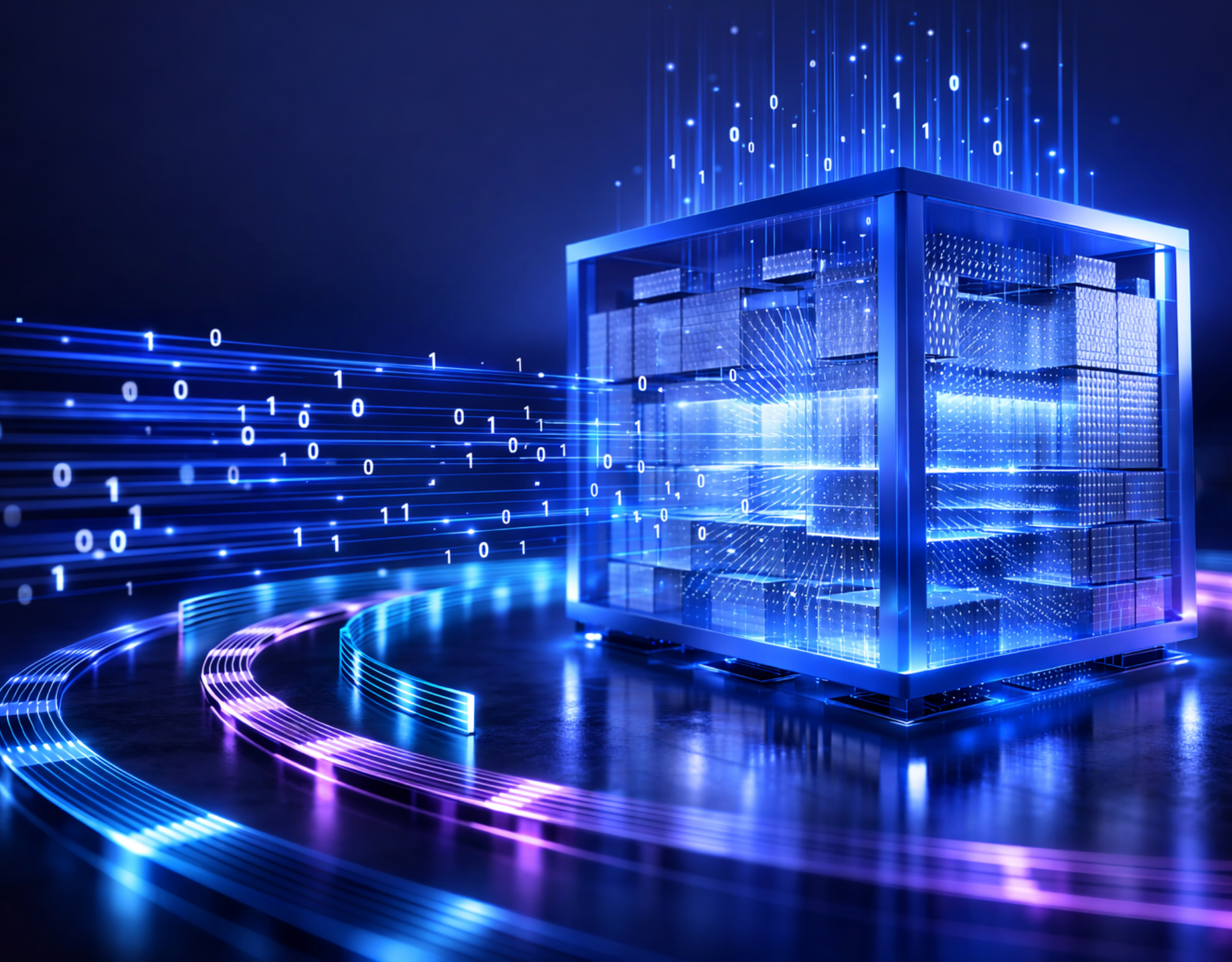 3d blue cube pulling and projecting data numbers