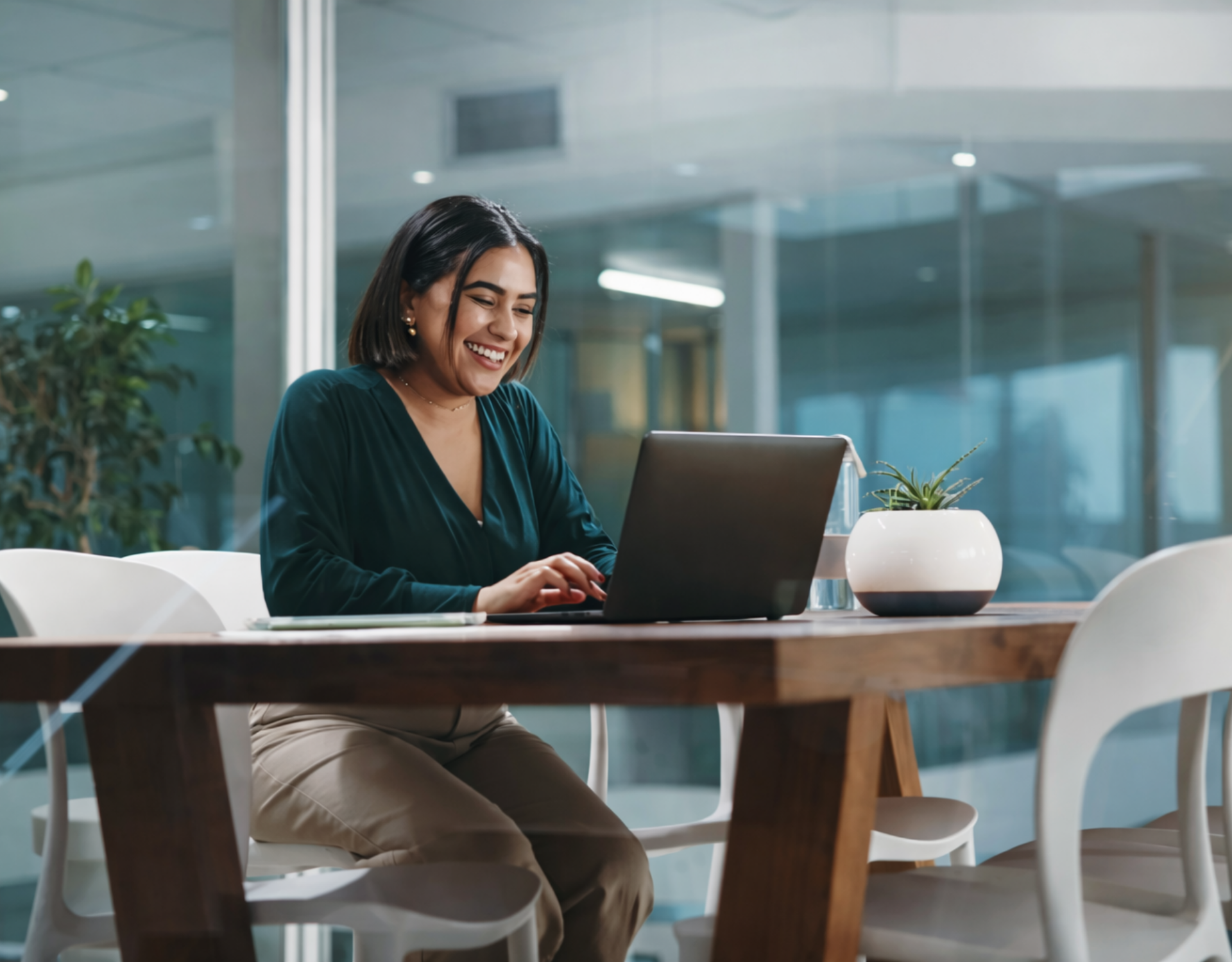 mixed female working at a desk at her laptop