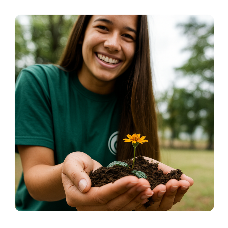 Volunteer holding soil and a small flower representing community impact and environmental stewardship.