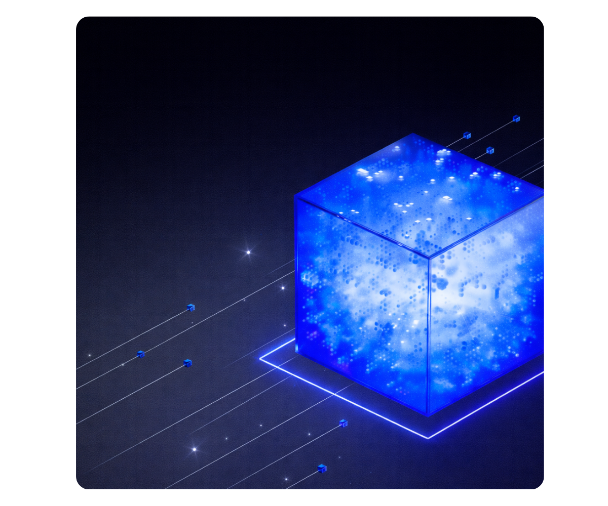 neon blue cube with smaller cubes connecting in and out