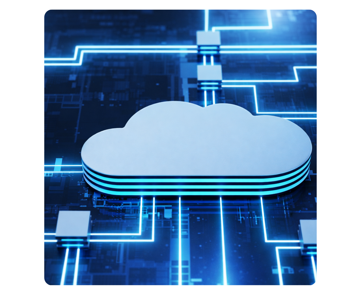3d light blue cloud with neon data connections flowing through