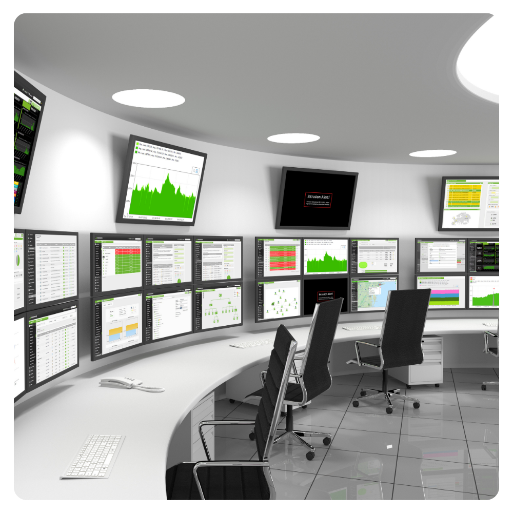 Operations command center with multiple monitoring screens used to support secure federal mission operations