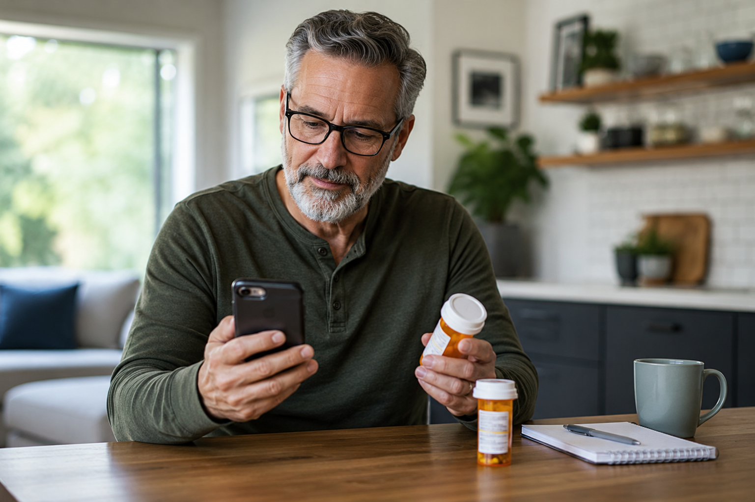 Featured image: Man at home holding a prescription bottle while looking at a smartphone.The future of patient engagement won't be personalized. It will be predictive.