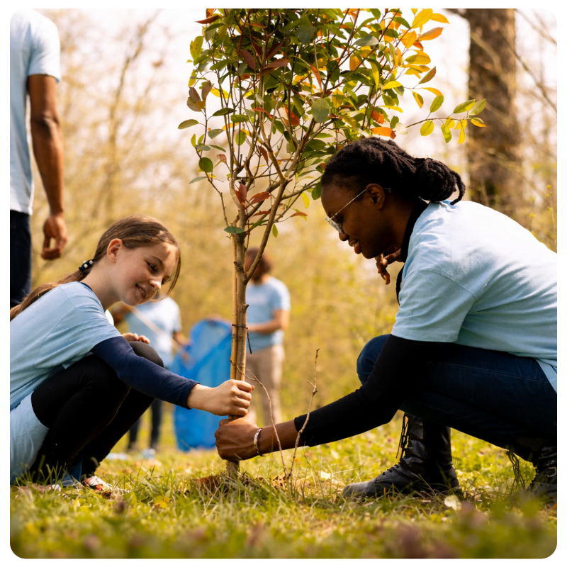 Volunteers planting a young tree together outdoors to support environmental sustainability.