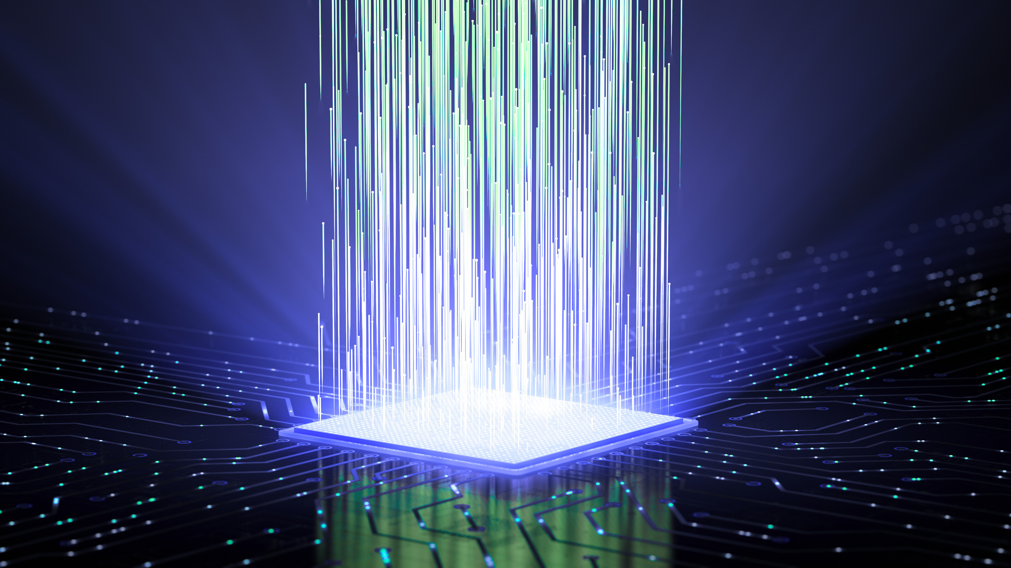 Featured image: Vertical beams of light rising from a glowing microchip on a dark circuit-board surface, representing data flow, digital processing, or advanced technology.Why modernizing the digital core is the most strategic investment telecom leaders can make