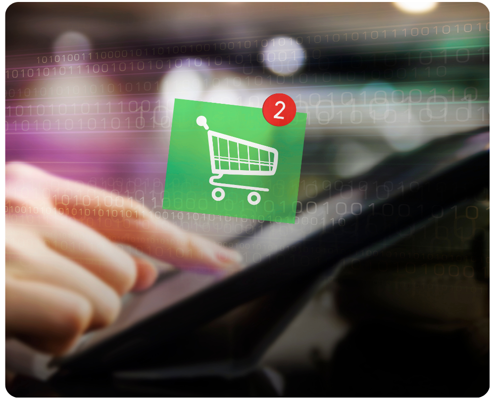 Person using a tablet with a digital shopping cart icon representing online purchasing.