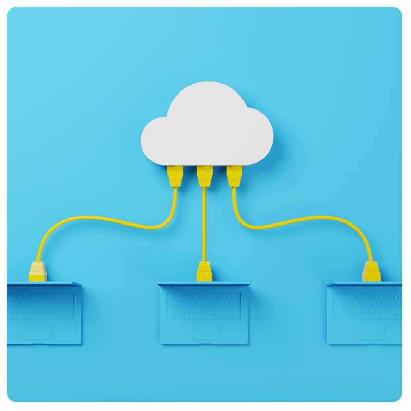 white cloud connecting to three laptops
