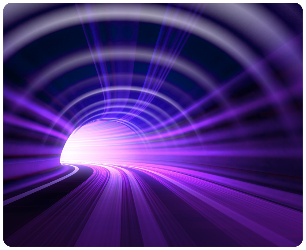 Abstract purple light tunnel representing high-speed technology or digital acceleration.
