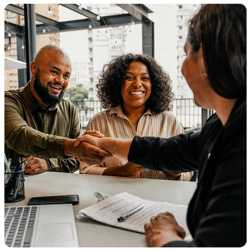 young black couple shaking hands with an advisor