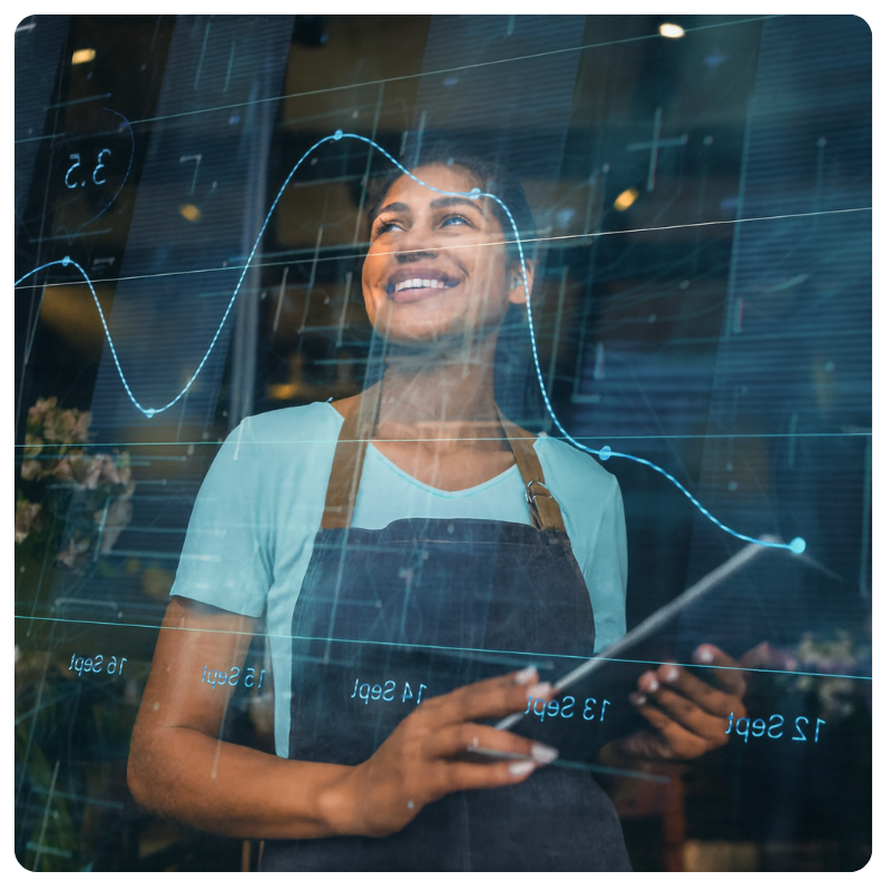 a young female in an apron holding a tablet looking out the window with abstract analytics